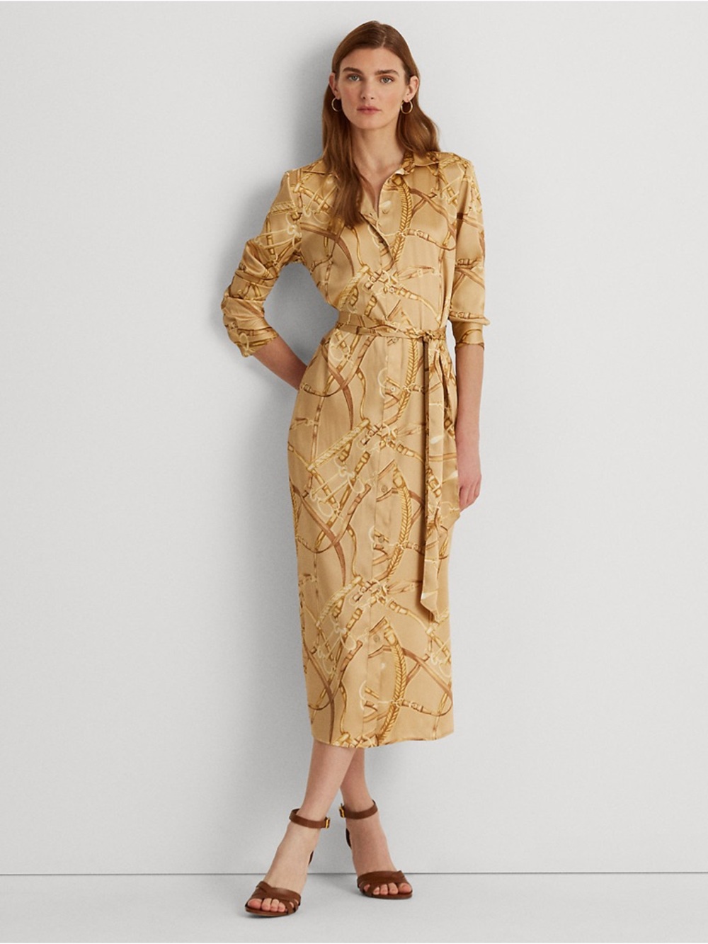 Ralph Lauren Beige Midi Dress with Gold Equestrian Twill Shirtdress - Picture 2 of 9